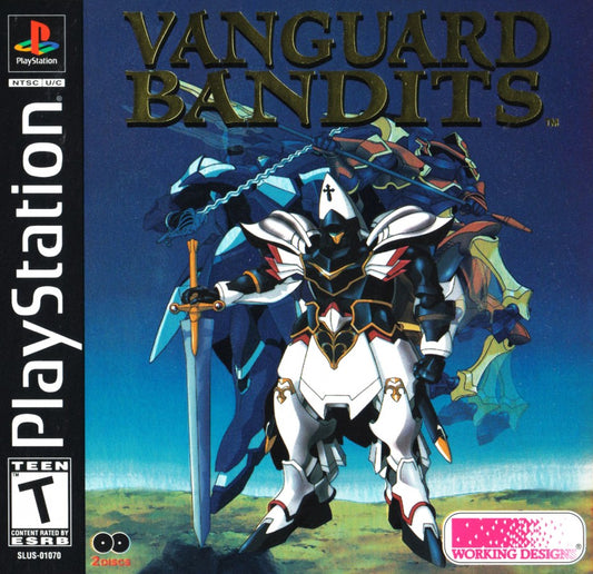 Vanguard Bandits PS1 tactical RPG strategy role playing game giant mech combat turn based battles anime fantasy storyline multiple endings Working Designs localization grid based warfare retro gaming PlayStation software video game title cover art 