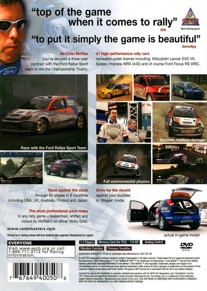 Retro Colin McRae Rally 3 PS2 inspired design featuring realistic rally racing aesthetic vintage PlayStation 2 off road motorsport simulation dirt gravel and snow stages high speed precision driving WRC inspired cars immersive weather conditions nostalgic racing game presentation - back of case
