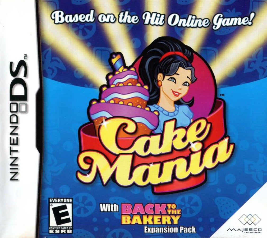 Cake Mania Nintendo DS DS video game featuring bakery time management simulation gameplay cake baking dessert decorating customer service order fulfillment frosting pastries ingredient preparation kitchen upgrades fast paced baking challenges business management colorful bakery environments touchscreen controls and classic Nintendo DS handheld casual gaming retro video game collection collectible gaming appeal front cover art