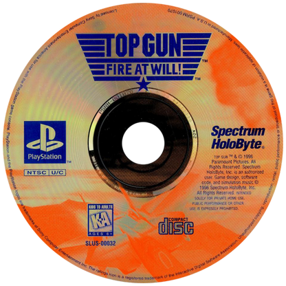 Top Gun Fire at Will game for the PlayStation featuring combat flight simulation gameplay with jet dogfights mission based objectives and cinematic action inspired by the Top Gun franchise disc