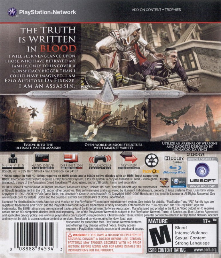 Assassin’s Creed II action-adventure retro video game for PlayStation 3 (PS3), featuring Ezio Auditore in Renaissance Italy back of case