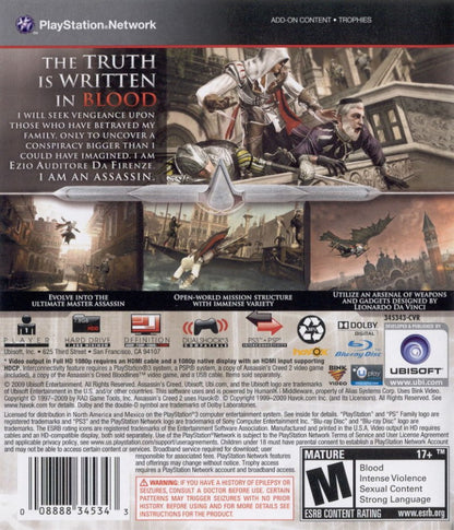 Assassin’s Creed II action-adventure retro video game for PlayStation 3 (PS3), featuring Ezio Auditore in Renaissance Italy back of case