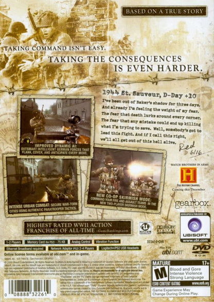 Brothers in Arms: Earned in Blood back cover art for PlayStation 2 (PS2) first-person shooter video game.