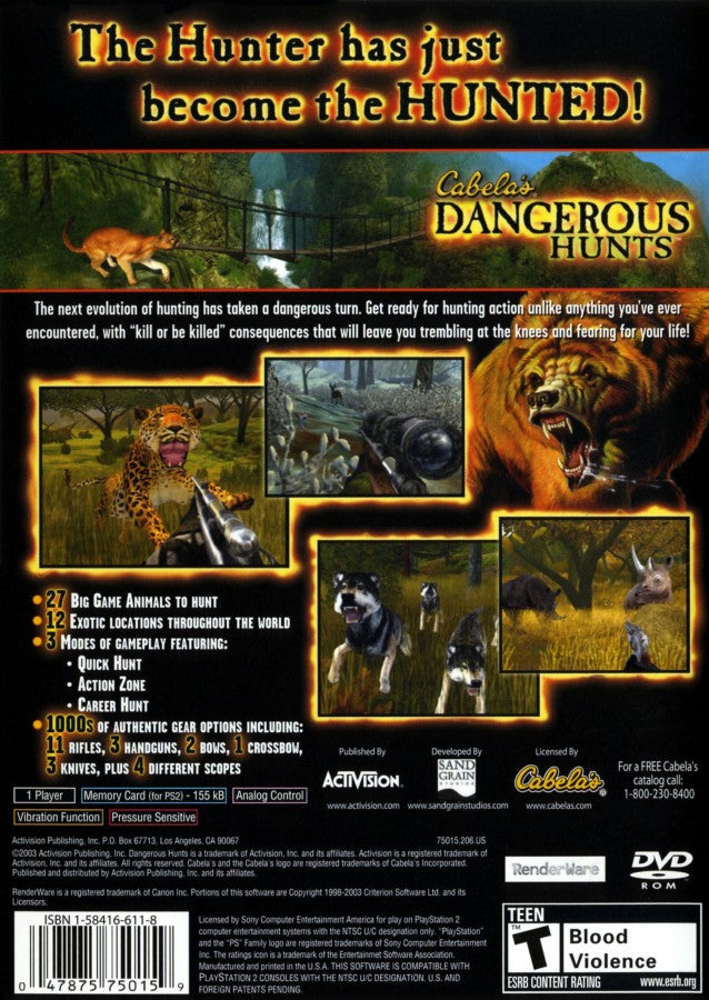 Cabela’s Dangerous Hunts Greatest Hits PlayStation 2 PS2 video game, hunting simulation, big game tracking and shooting, outdoor sports console title back cover