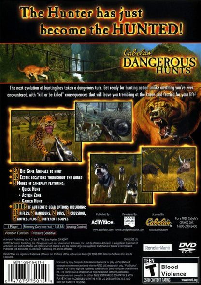 Cabela’s Dangerous Hunts Greatest Hits PlayStation 2 PS2 video game, hunting simulation, big game tracking and shooting, outdoor sports console title back cover