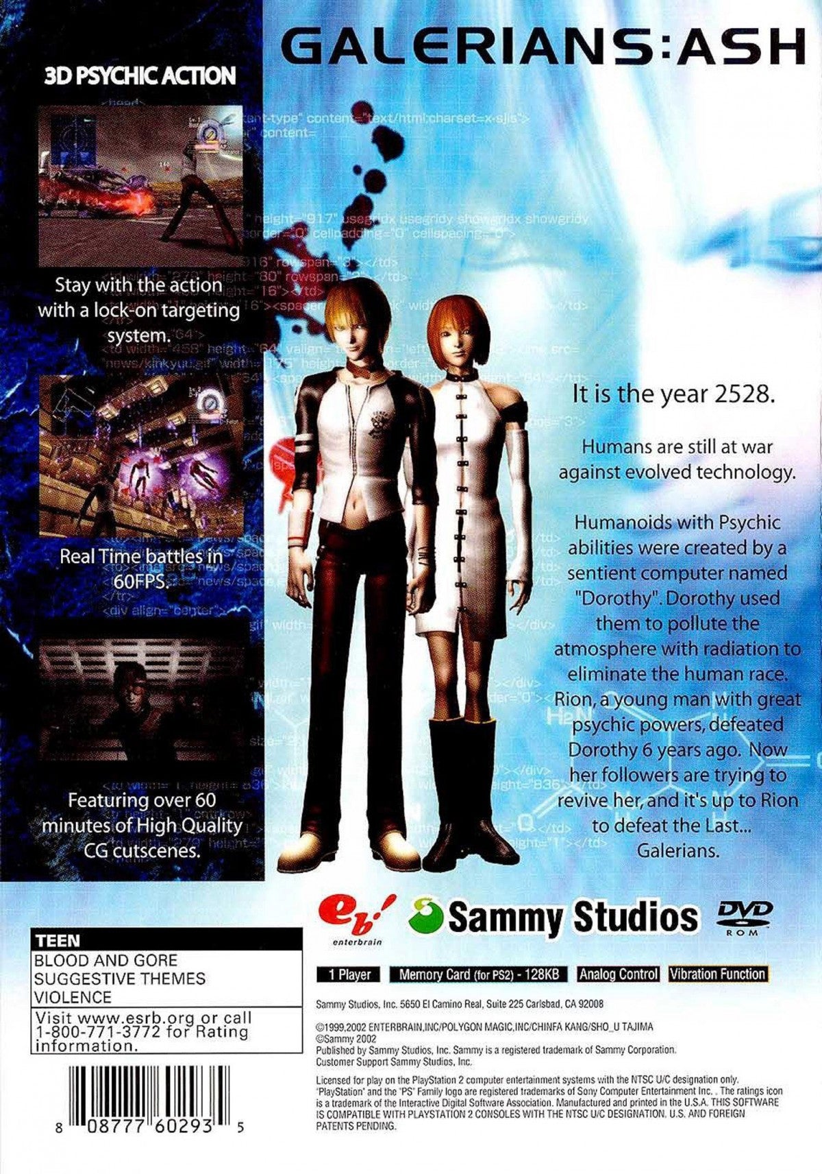 Galerians Ash PS2 Sony PlayStation 2 survival horror action game psychic powers sci fi story survival mechanics third person combat drug induced abilities atmospheric horror exploration retro gaming PlayStation 2 software video game title back cover art