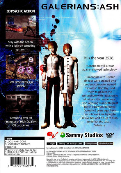 Galerians Ash PS2 Sony PlayStation 2 survival horror action game psychic powers sci fi story survival mechanics third person combat drug induced abilities atmospheric horror exploration retro gaming PlayStation 2 software video game title back cover art