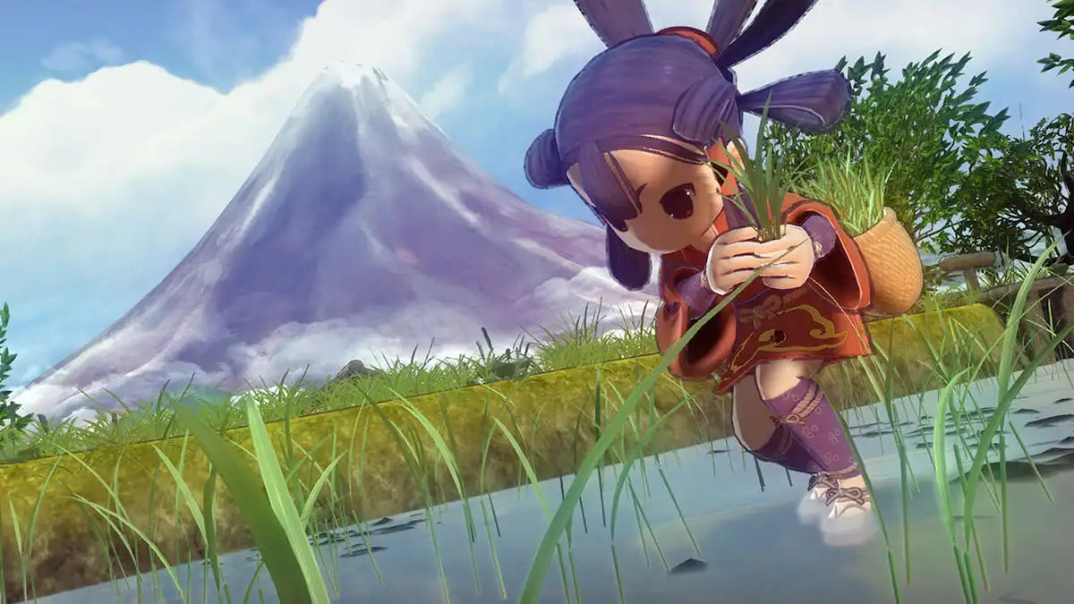 Sakuna Of Rice and Ruin for Nintendo Switch action platformer and farming simulation game featuring side scrolling combat rice cultivation mechanics Japanese mythology setting and adventure gameplay