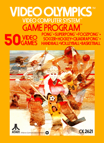 Video Olympics Text Label for Atari 2600, cover image for a sports arcade video game with Pong-style gameplay, paddle controls, multiplayer modes, and classic bat-and-ball competition