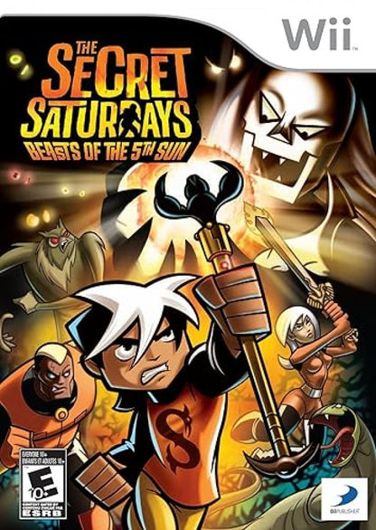The Secret Saturdays: Beasts of the 5th Sun cover art for Nintendo Wii (Wii) featuring action‑adventure gameplay with cryptid creatures, motion‑controlled combat, and missions inspired by the animated TV series.