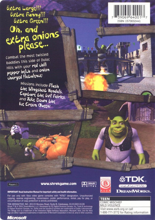 Shrek Xbox action adventure video game featuring Shrek the ogre exploring colorful environments battling enemies solving puzzles collecting items interacting with characters from the Shrek universe challenging levels and classic original Xbox gameplay collectible retro gaming appeal back cover art