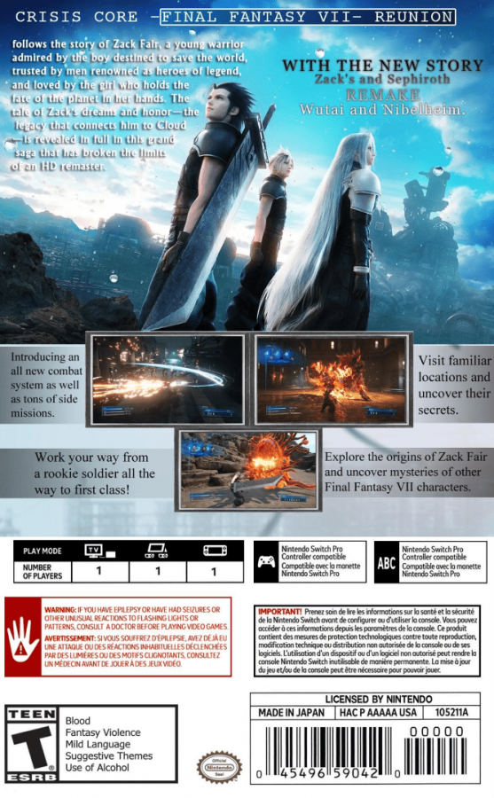 Crisis Core: Final Fantasy VII Reunion back cover art for Nintendo Switch (NS) video game