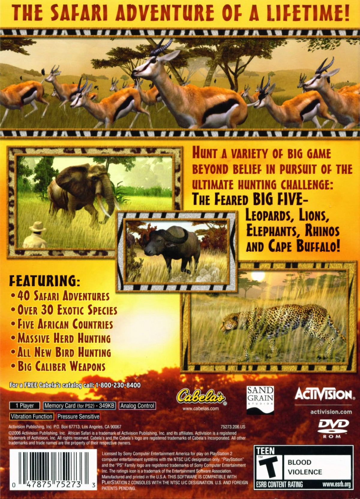 Cabela’s African Safari for PlayStation 2 with hunting simulation and wildlife adventure theme back cover art
