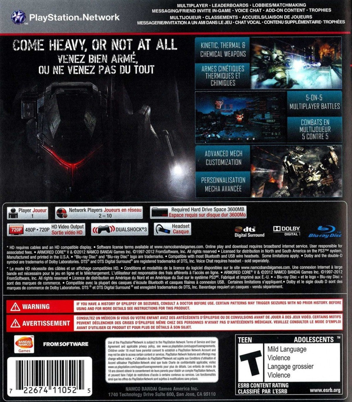 Armored Core V retro PlayStation 3 video game Armored Core mech combat futuristic warfare customizable robots action shooter multiplayer battles console title PlayStation 3 release back of case