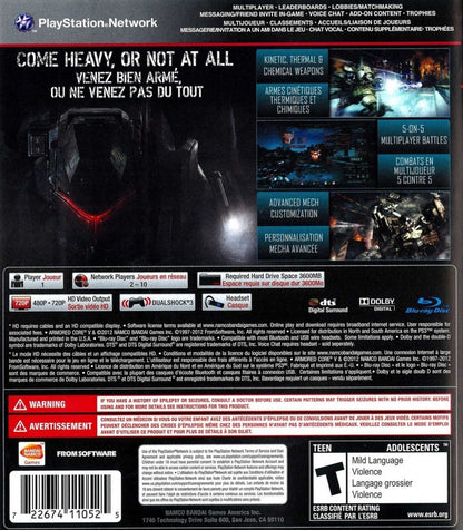 Armored Core V retro PlayStation 3 video game Armored Core mech combat futuristic warfare customizable robots action shooter multiplayer battles console title PlayStation 3 release back of case