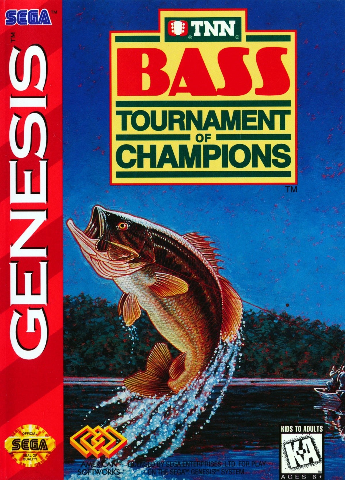TNN Bass Tournament of Champions Sega Genesis GEN video game featuring fishing simulation gameplay bass fishing tournaments competitive angling challenges realistic fishing action tournament events lure selection and classic 16 bit Sega gameplay retro video game collection collectible gaming appeal front cover art