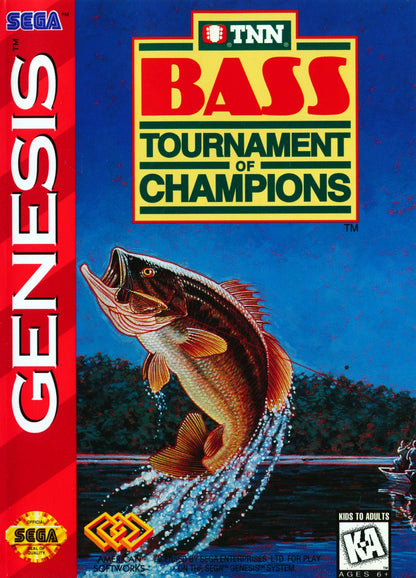 TNN Bass Tournament of Champions Sega Genesis GEN video game featuring fishing simulation gameplay bass fishing tournaments competitive angling challenges realistic fishing action tournament events lure selection and classic 16 bit Sega gameplay retro video game collection collectible gaming appeal front cover art