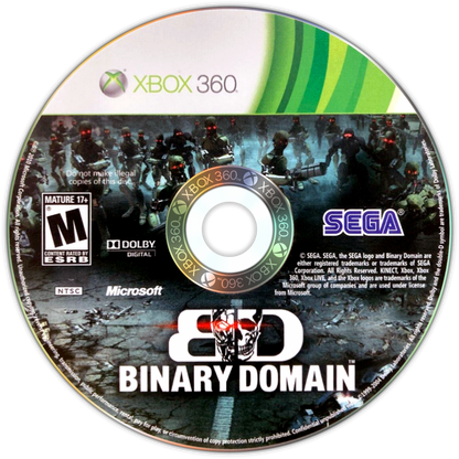 Binary Domain Xbox 360 third-person shooter squad-based sci-fi action video game with robot enemies and consequence-driven narrative disc