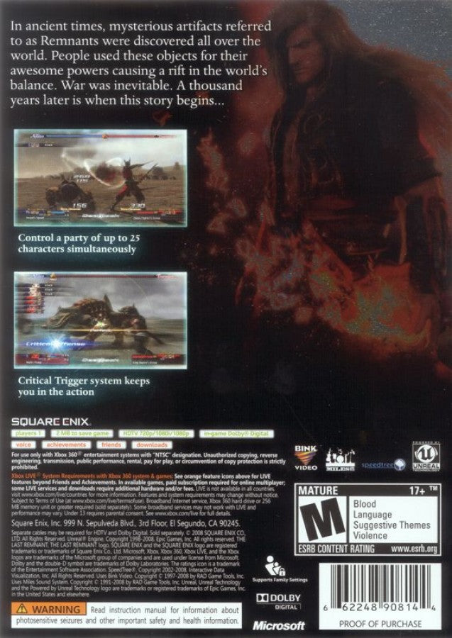 The Last Remnant back of case for Xbox 360 (X360) role-playing video game