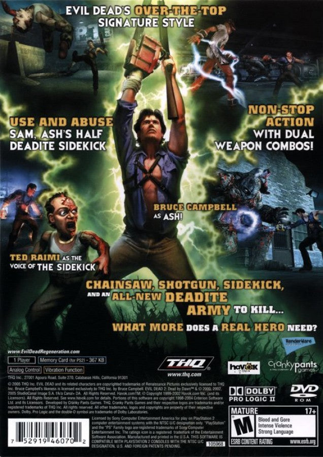 Evil Dead: Regeneration back of case for PlayStation 2 (PS2) horror-themed action-adventure hack-and-slash video game