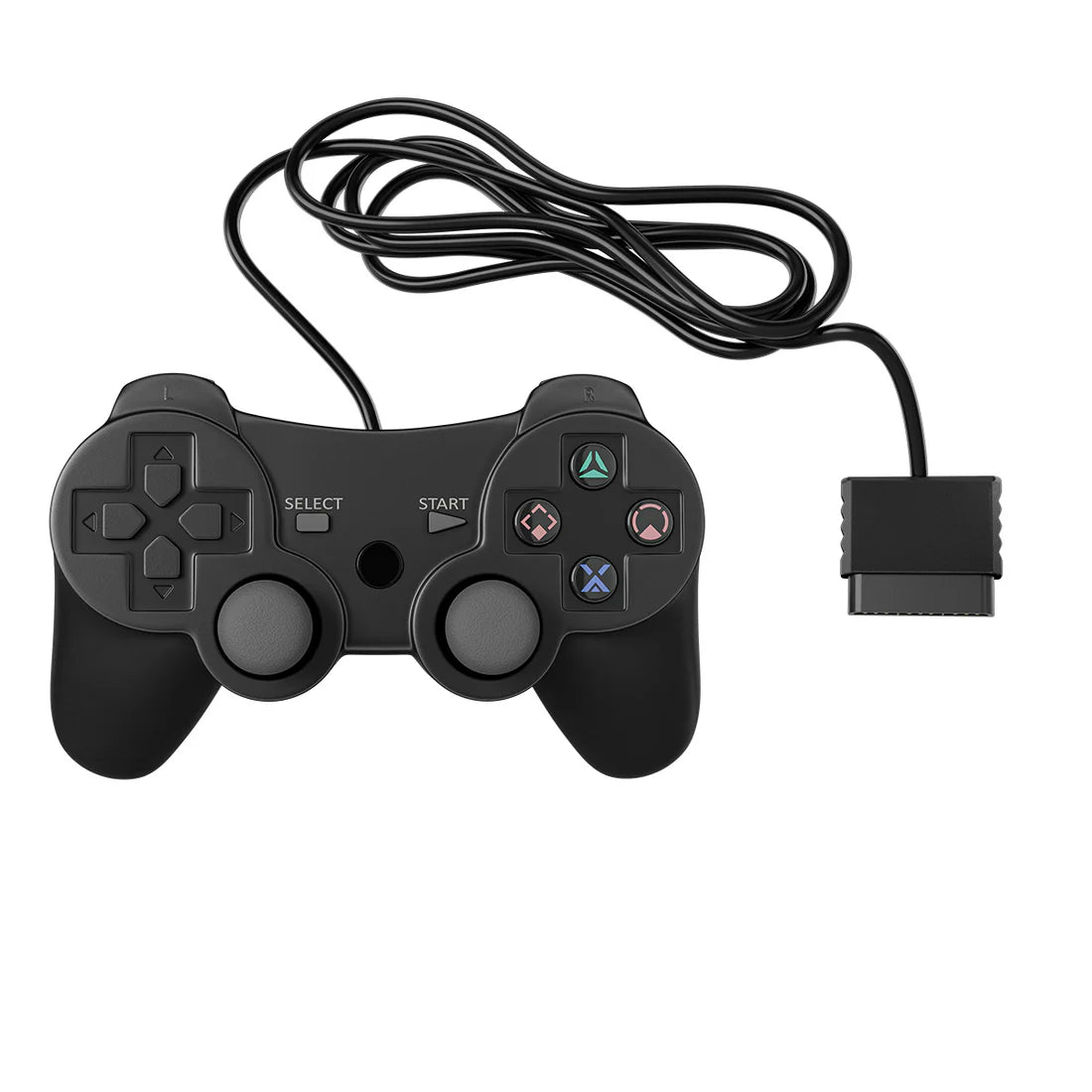 XYAB brand 1-to-1 third-party wired controller for PlayStation 2 in black featuring analog sticks, directional pad, action buttons, and dual shoulder buttons