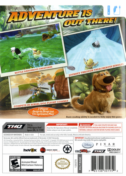 Disney Pixar Up Nintendo Wii for action adventure video game fans featuring Carl Fredricksen and Russell colorful environments platforming challenges balloon powered exploration puzzle solving cooperative multiplayer motion controls and family friendly gameplay collectible gaming appeal back cover art