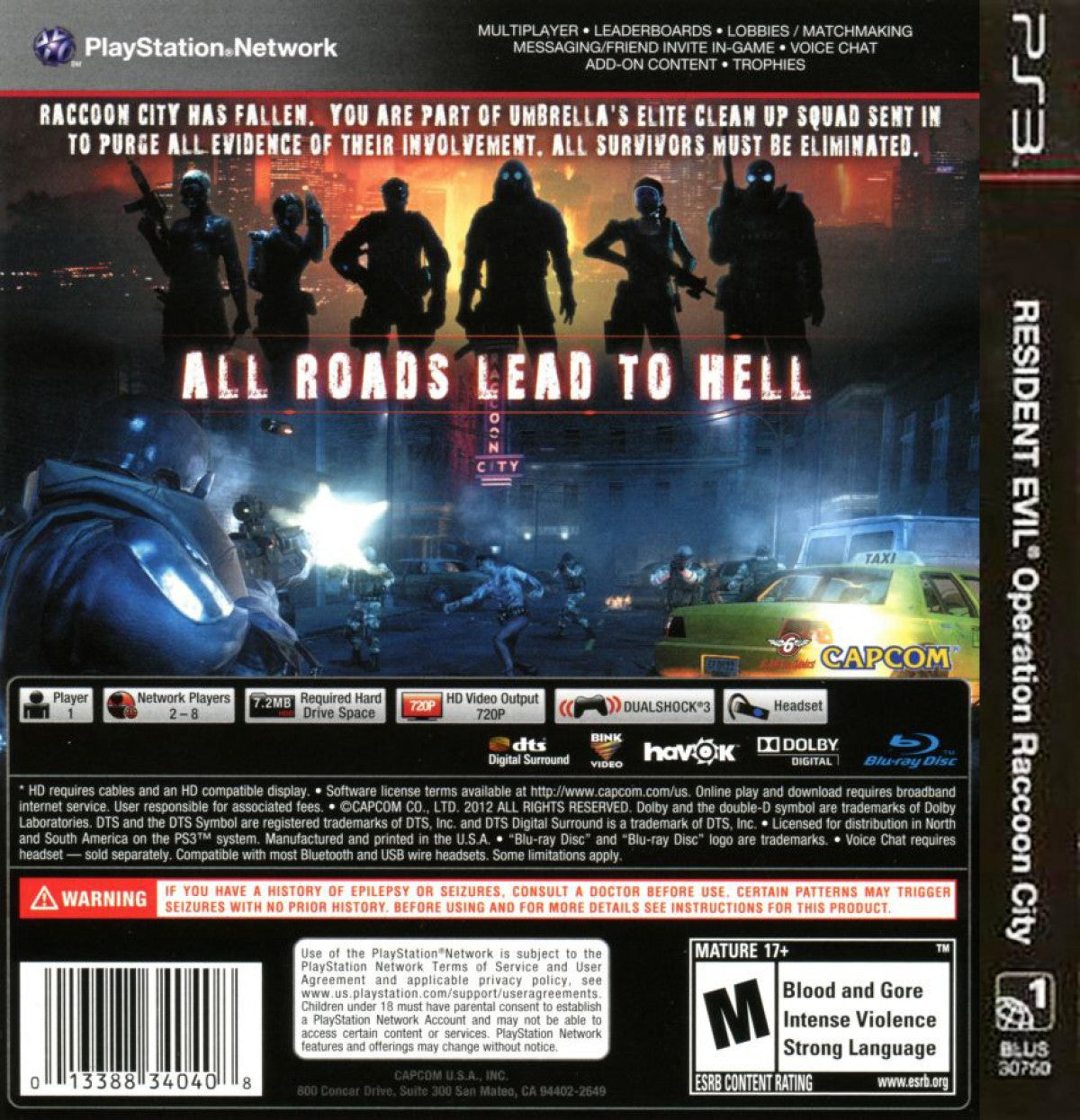Resident Evil Operation Raccoon City PlayStation 3 PS3 for survival horror and third person shooter video game fans featuring cooperative multiplayer gameplay zombie outbreaks Umbrella Corporation missions tactical squad combat bio organic weapons intense action cinematic storytelling and immersive Resident Evil adventure collectible gaming appeal back cover art