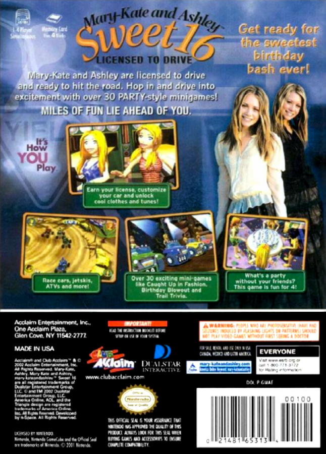 Mary-Kate and Ashley Sweet 16 Licensed to Drive back cover art for Nintendo GameCube (GC) video game.