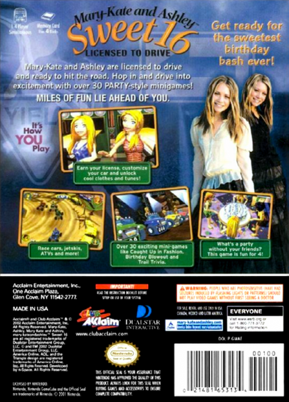 Mary-Kate and Ashley Sweet 16 Licensed to Drive back cover art for Nintendo GameCube (GC) video game.
