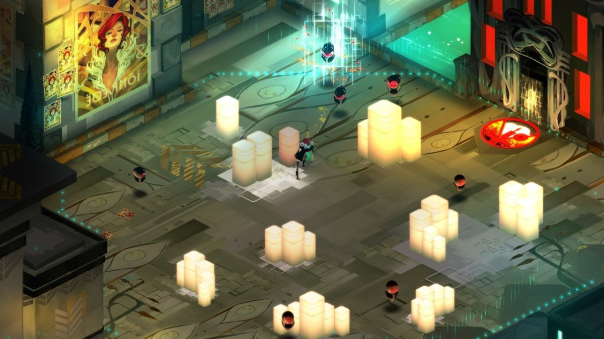 Transistor Nintendo Switch game featuring strategic action RPG combat and futuristic sci-fi storytelling gameplay