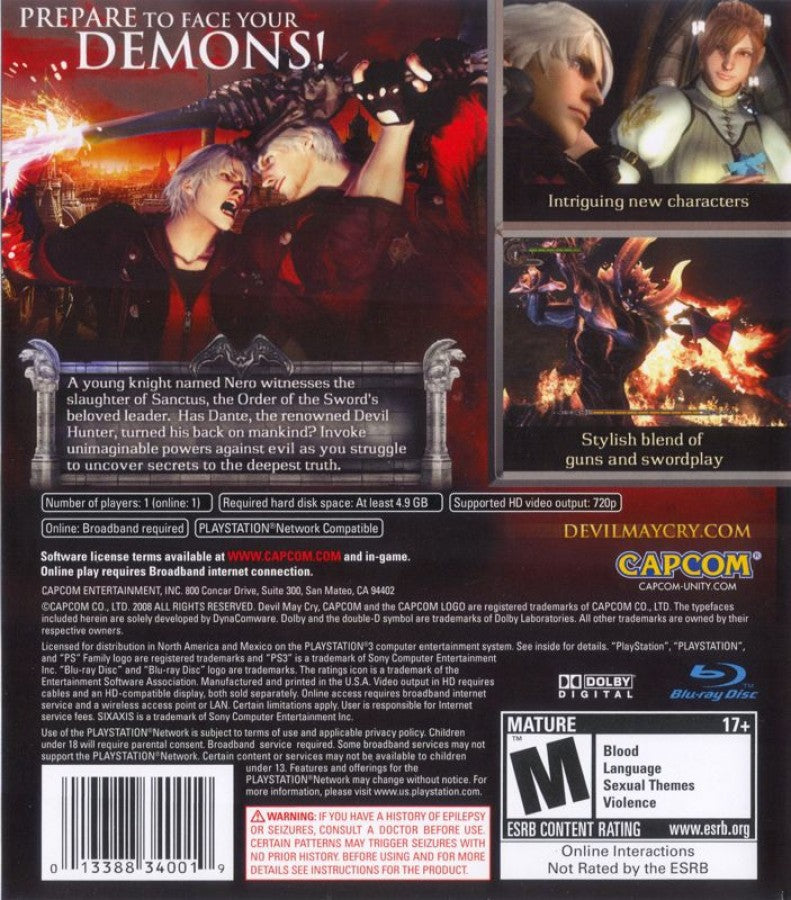 Devil May Cry 4 back cover art for PlayStation 3 (PS3) video game