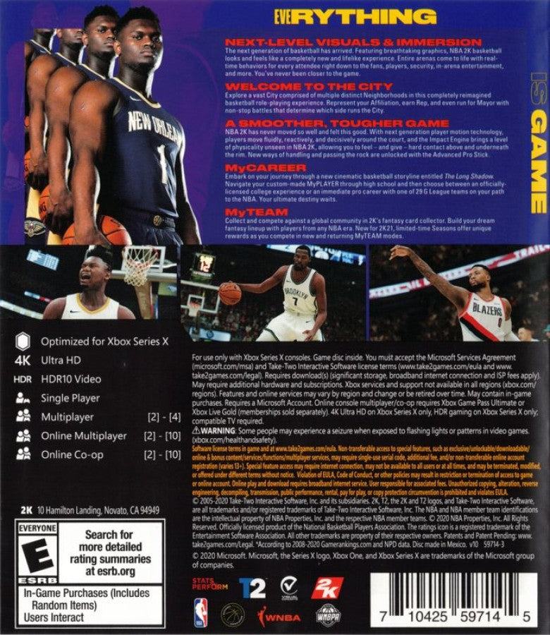 NBA 2K21 back of case for Xbox Series X (XSX) basketball sports video game