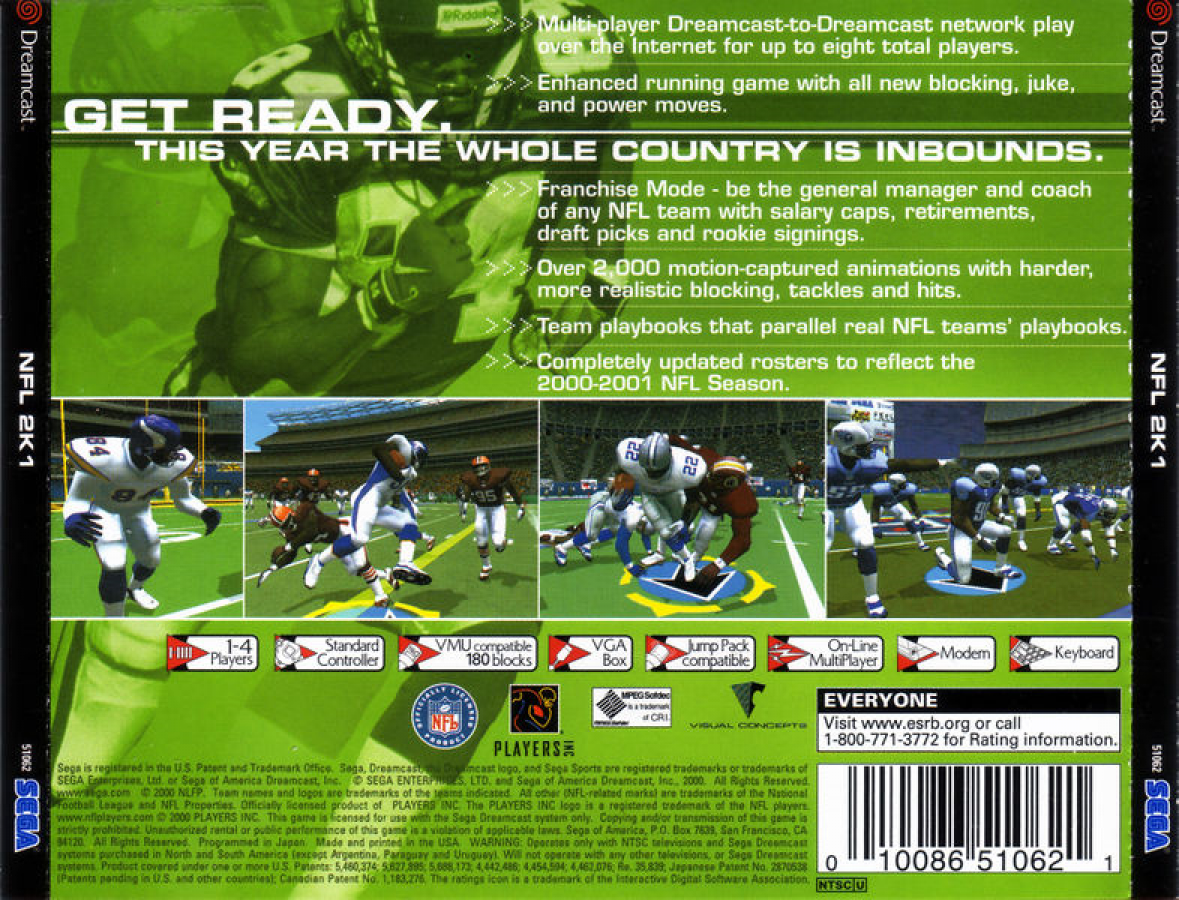 NFL 2K1 back cover art for Sega Dreamcast (DC) video game