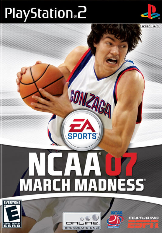 NCAA March Madness 07 for the PlayStation 2 featuring college basketball gameplay with realistic team rosters tournament mode dynasty style progression and fast paced NCAA style court action cover art
