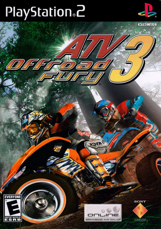ATV Offroad Fury 3 PlayStation 2 PS2 video game, off-road racing action, ATV stunt and freestyle gameplay, multiplayer modes, console racing title cover