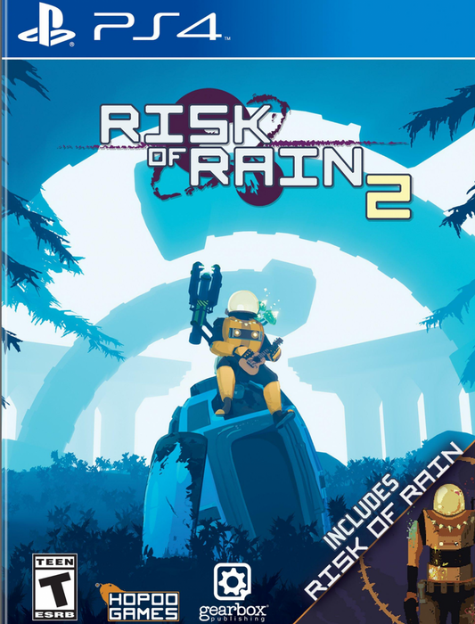 Risk of Rain 2 for PlayStation 4 (PS4) at Gamers INC, featuring frantic co-op roguelike action in full 3D where you battle escalating hordes, stack outrageous item combos, and fight to survive on a mysterious alien planet with endlessly scaling difficulty front cover