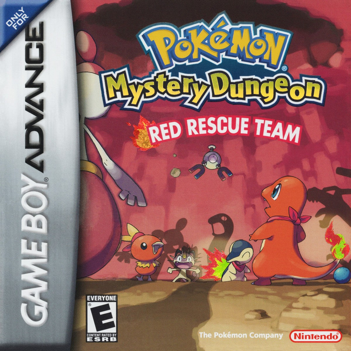 Pokemon Mystery Dungeon Red Rescue Team Game Boy Advance cover art for retro video game featuring dungeon crawling adventure gameplay, Pokémon rescue missions, turn based exploration, randomly generated dungeons, beloved Pokémon characters, and classic handheld RPG action on GBA