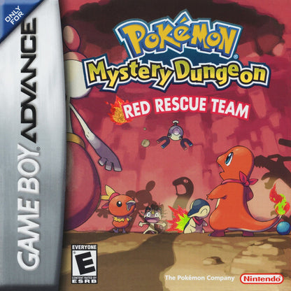 Pokemon Mystery Dungeon Red Rescue Team Game Boy Advance cover art for retro video game featuring dungeon crawling adventure gameplay, Pokémon rescue missions, turn based exploration, randomly generated dungeons, beloved Pokémon characters, and classic handheld RPG action on GBA