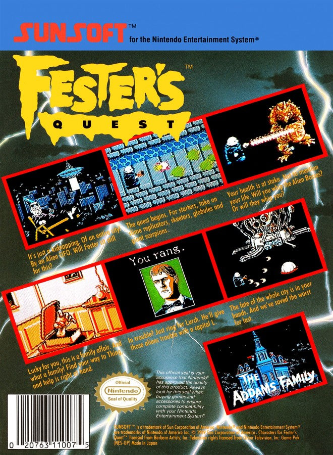 Fester's Quest cartridge for the Nintendo Entertainment System featuring 8 bit top down action gameplay as Uncle Fester battles alien invaders with power ups weapons and maze like city exploration back cover