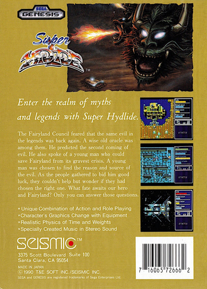Super Hydlide Sega Genesis GEN for retro video game enthusiasts featuring action role playing gameplay fantasy exploration open world adventure character progression sword combat magic abilities and collectible gaming appeal back cover