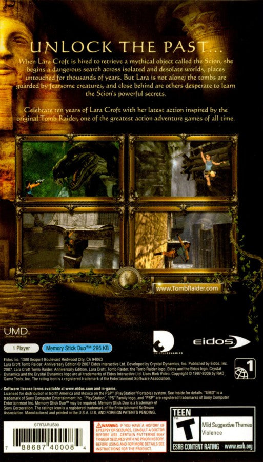 Tomb Raider: Anniversary – back of case for PlayStation Portable (PSP) action-adventure game