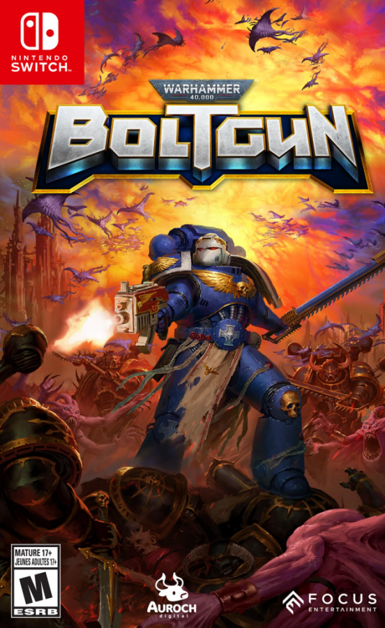 Warhammer 40000 Boltgun Nintendo Switch inspired design featuring retro inspired first person shooter aesthetic futuristic space marine warfare relentless enemy hordes explosive weapon combat gothic sci fi battlefields pixel styled visuals and fast paced action presentation cover art 