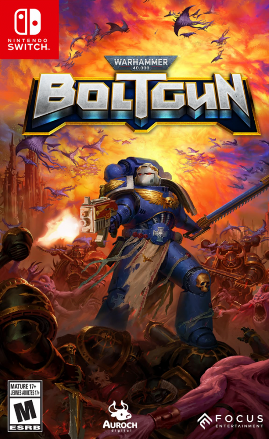 Warhammer 40000 Boltgun Nintendo Switch inspired design featuring retro inspired first person shooter aesthetic futuristic space marine warfare relentless enemy hordes explosive weapon combat gothic sci fi battlefields pixel styled visuals and fast paced action presentation cover art 