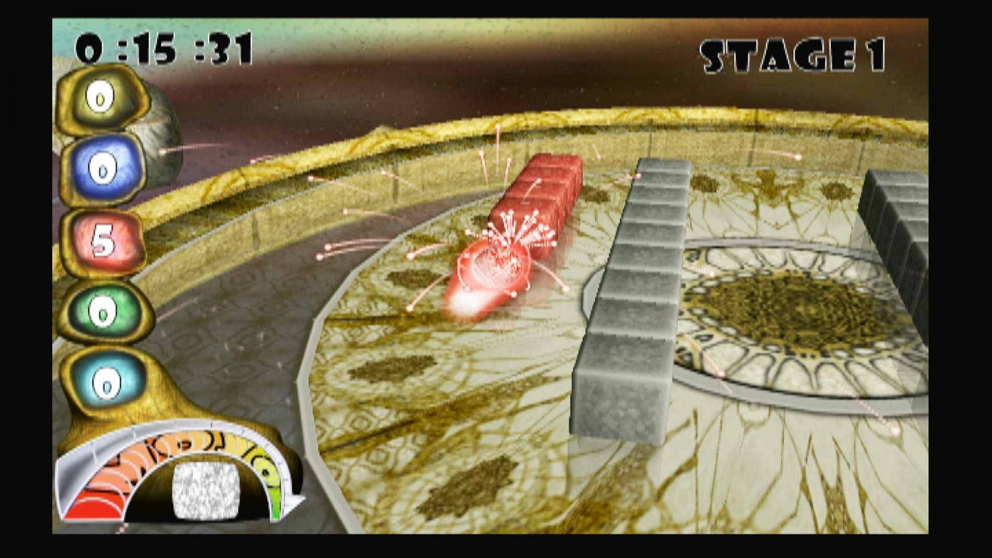 Mojo! gameplay over art for PlayStation 2 (PS2) featuring puzzle‑based gameplay with physics‑driven challenges, colorful 3D mazes, and fast arcade action.