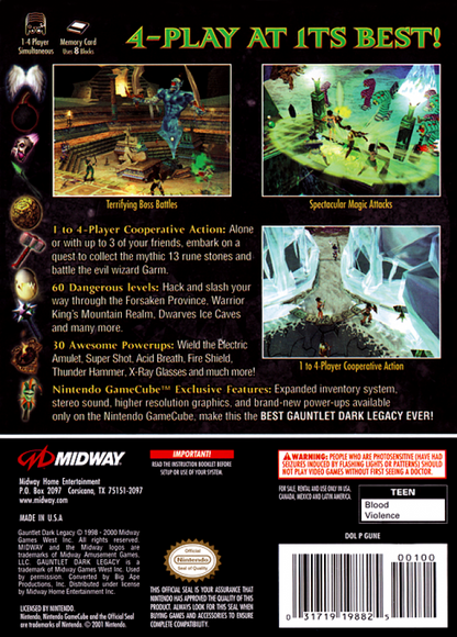 Gauntlet Dark Legacy back cover art for GameCube (GC) featuring cooperative action RPG gameplay and classic dungeon crawling adventure