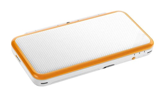 Orange and White New Nintendo 2DS XL handheld gaming system featuring large dual screens touch screen controls built in NFC amiibo support portable foldable design ergonomic controls compatibility with Nintendo 3DS and Nintendo DS games collectible gaming appeal 