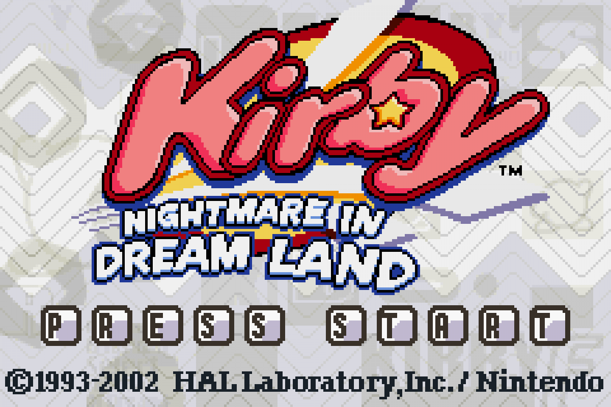 Kirby: Nightmare in Dreamland title screen Game Boy Advance game only eaturing classic side-scrolling platformer action and colorful Kirby gameplay  