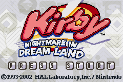 Kirby: Nightmare in Dreamland title screen Game Boy Advance game only eaturing classic side-scrolling platformer action and colorful Kirby gameplay  