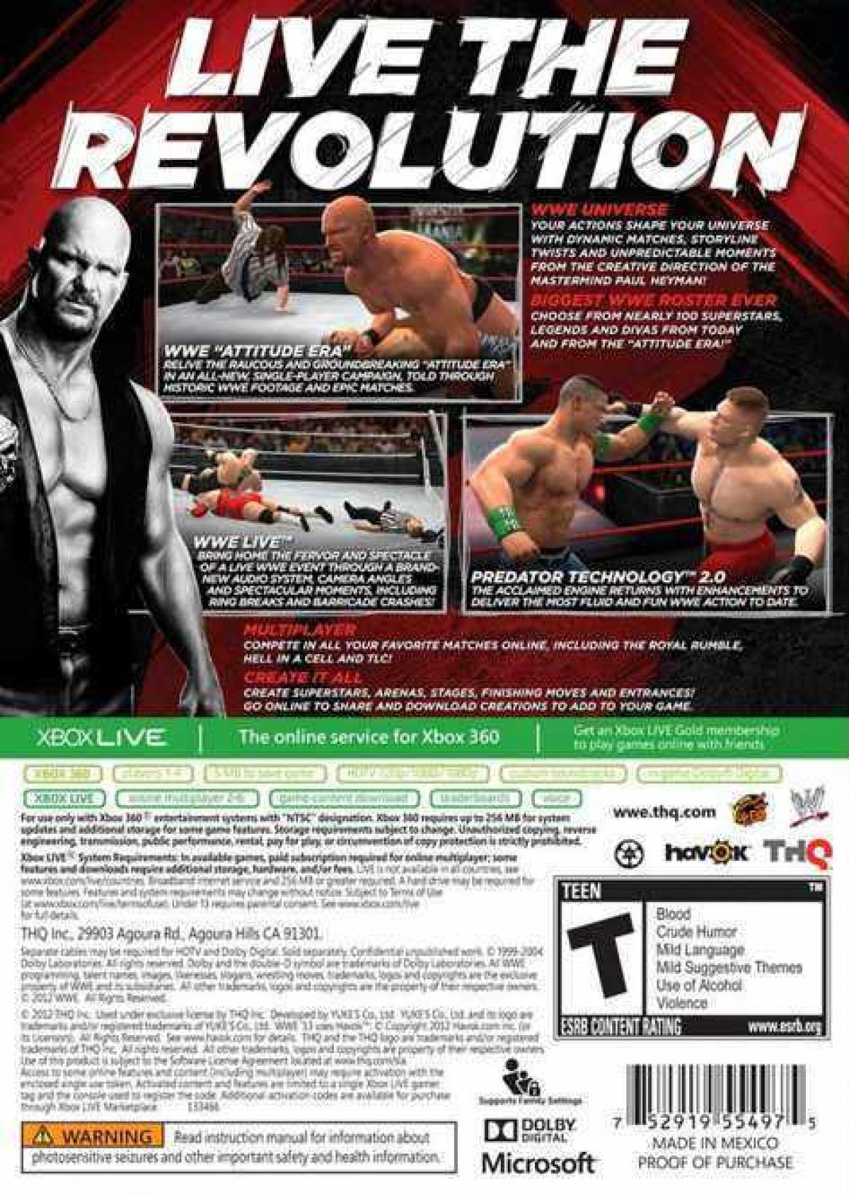 WWE ’13 Xbox 360 video game, professional wrestling sports action, WWE superstars and legends, multiplayer and career modes back cover