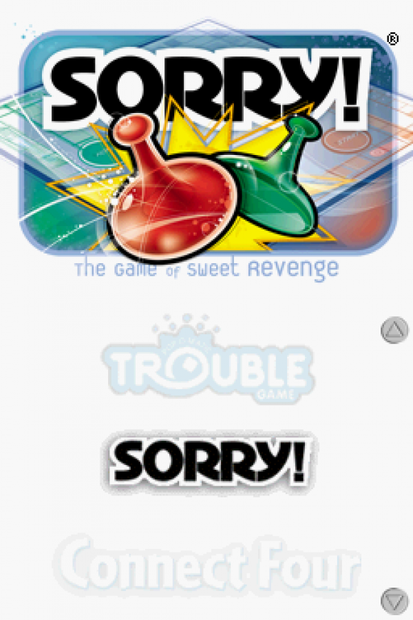 Battleship / Connect Four / Sorry / Trouble for Nintendo DS (DS), title screen for a retro video game featuring classic board game adaptations, strategy gameplay, multiplayer modes, puzzle challenges, and family-friendly competitive fun